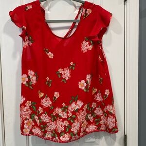 Twine & String Red Floral Print Top With Tie Back Detail Size XL